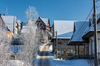 Thrilling Epic Christmas 2025 Murzasichle Tatra Adventures: snowy road winds through birch trees past wooden chalets with red roofs under crisp blue skies in Poland's Tatra winter village. Snowy road winds through birch trees past wooden chalets